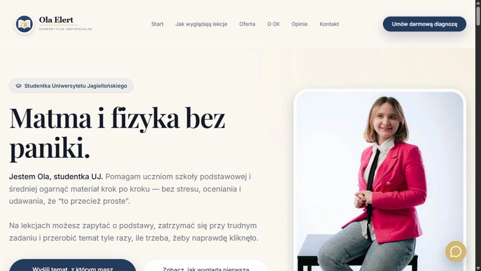 Strona Oli Elert z ofertą korepetycji z matematyki i fizyki oraz portretem prowadzącej